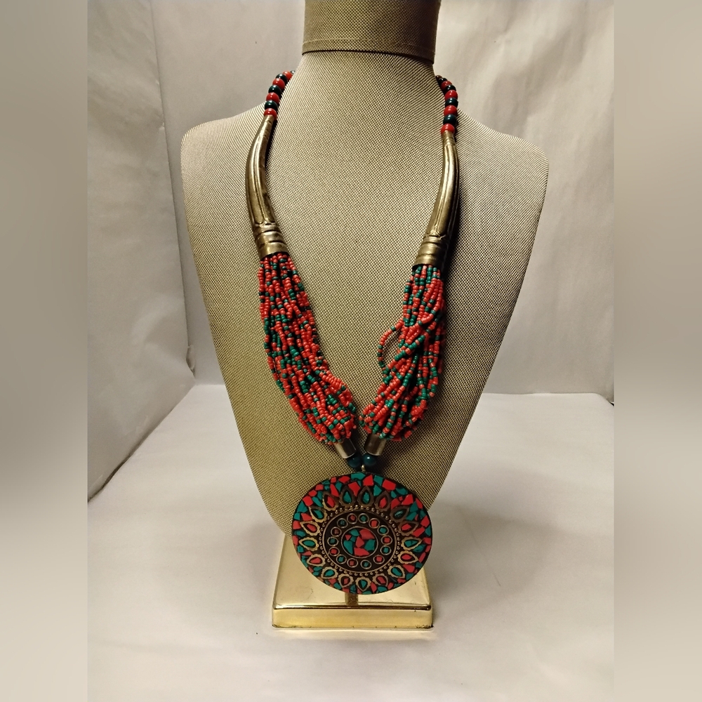 Vintage Red/Green Bead And Brass Medallion 24 Inch Necklace